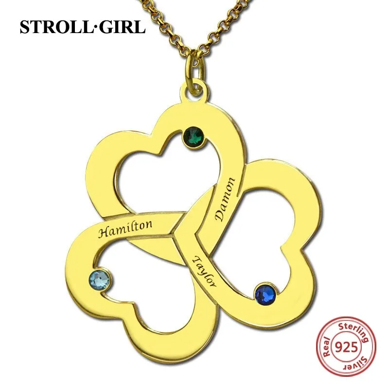 StrollGirl 925 пробы серебро персонализированные настраиваемые тройное Сердце ожерелье с именами и камнями по месяцу рождения подарок на день матери