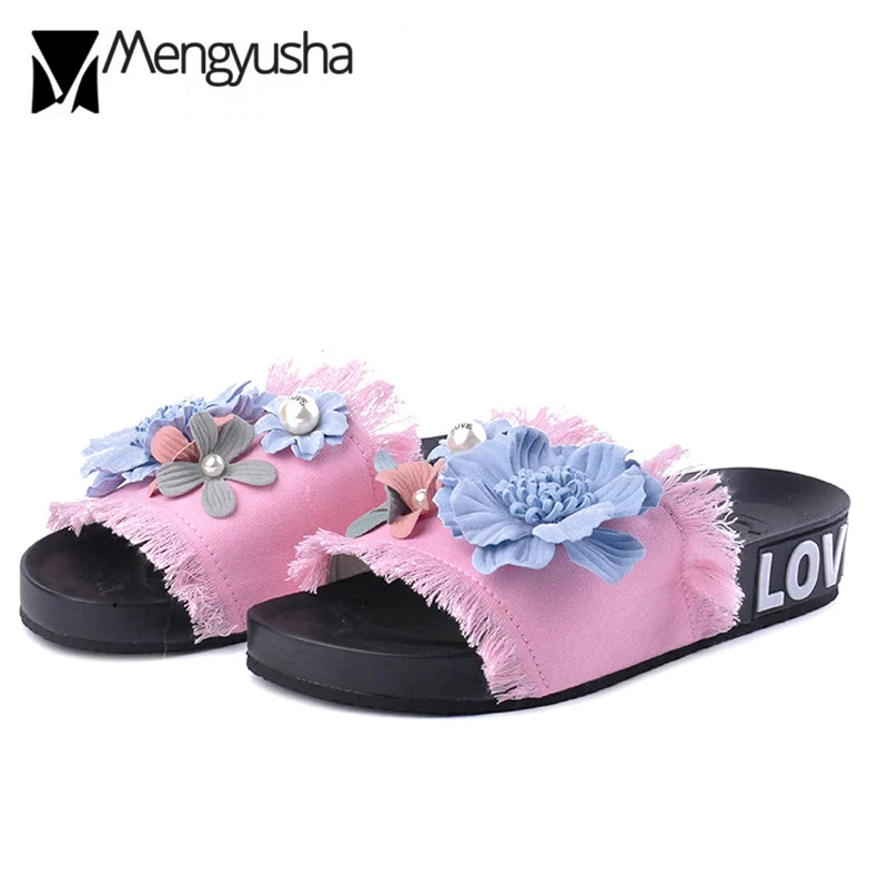 Сланцы женские из денима пляжные сандалии на платформе с цветочным 3D принтом