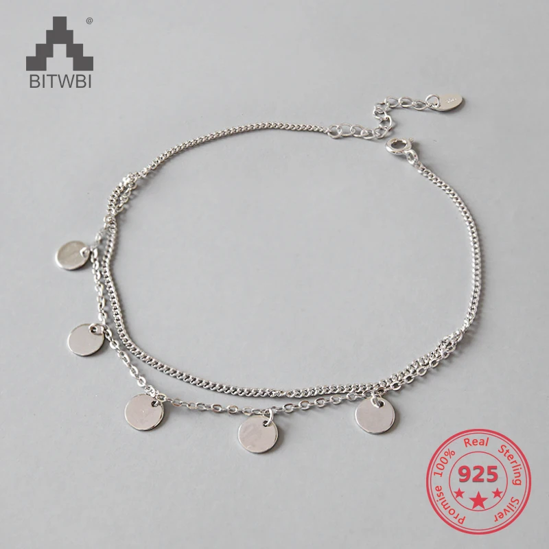 Simple Design Two Layers Polish Round Charm 925 Sterling Silver Anklet For Women Foot Chain Ankle Bracelets Summer Jewelry