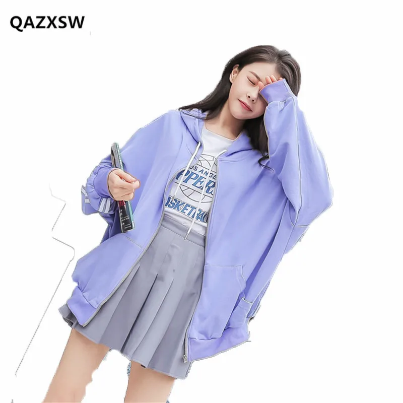 2019 Spring and Autumn New Women Sweatshirts Side Stripe Purple Hooded Female Loose Student bf Casual Zipper Jacket SY019 |