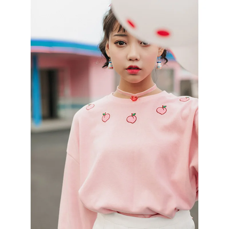 2018 Женская Туника Свитшот одежда в японском стиле Harajuku Ulzzang персиковый вышитый