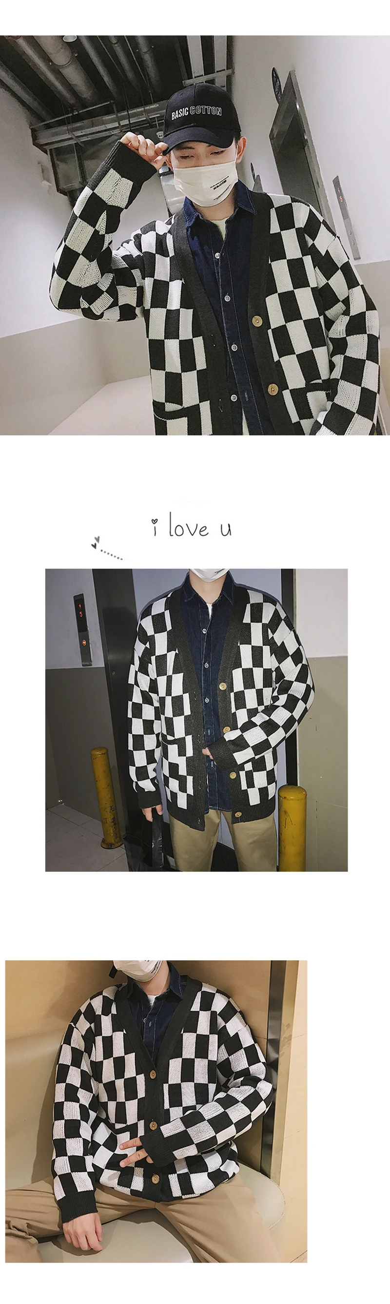 Plaid Oversized Sweater Men Hip Hop Mens v Neck Knit Cardigan Hombre Korean Checked Vintage Knitted Jacket Sweaters Mens Stylish