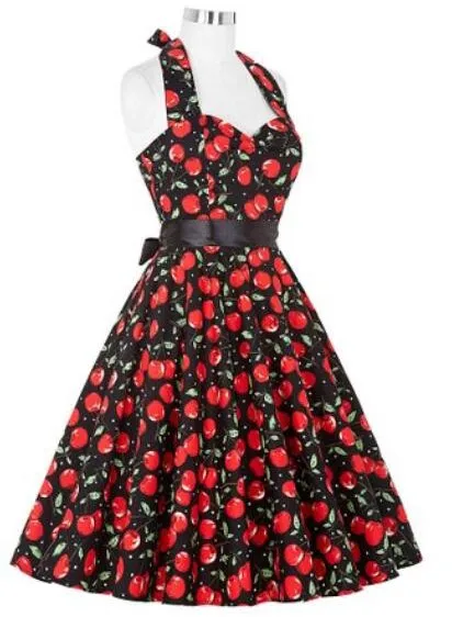 Женское платье с цветочным принтом винтажное летнее в горошек лямкой на шее без