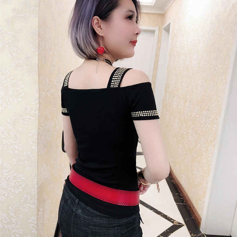 Сексуальное платье с открытыми плечами блестящие заклепки футболка