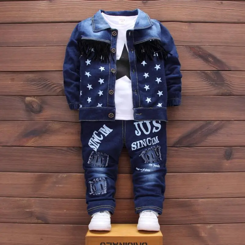 blue Комплекты одежды для мальчиков детский хлопковый костюм осенняя куртка с длинными рукавами+ джинсы+ футболка модная повседневная детская рубашка - Цвет: blue
