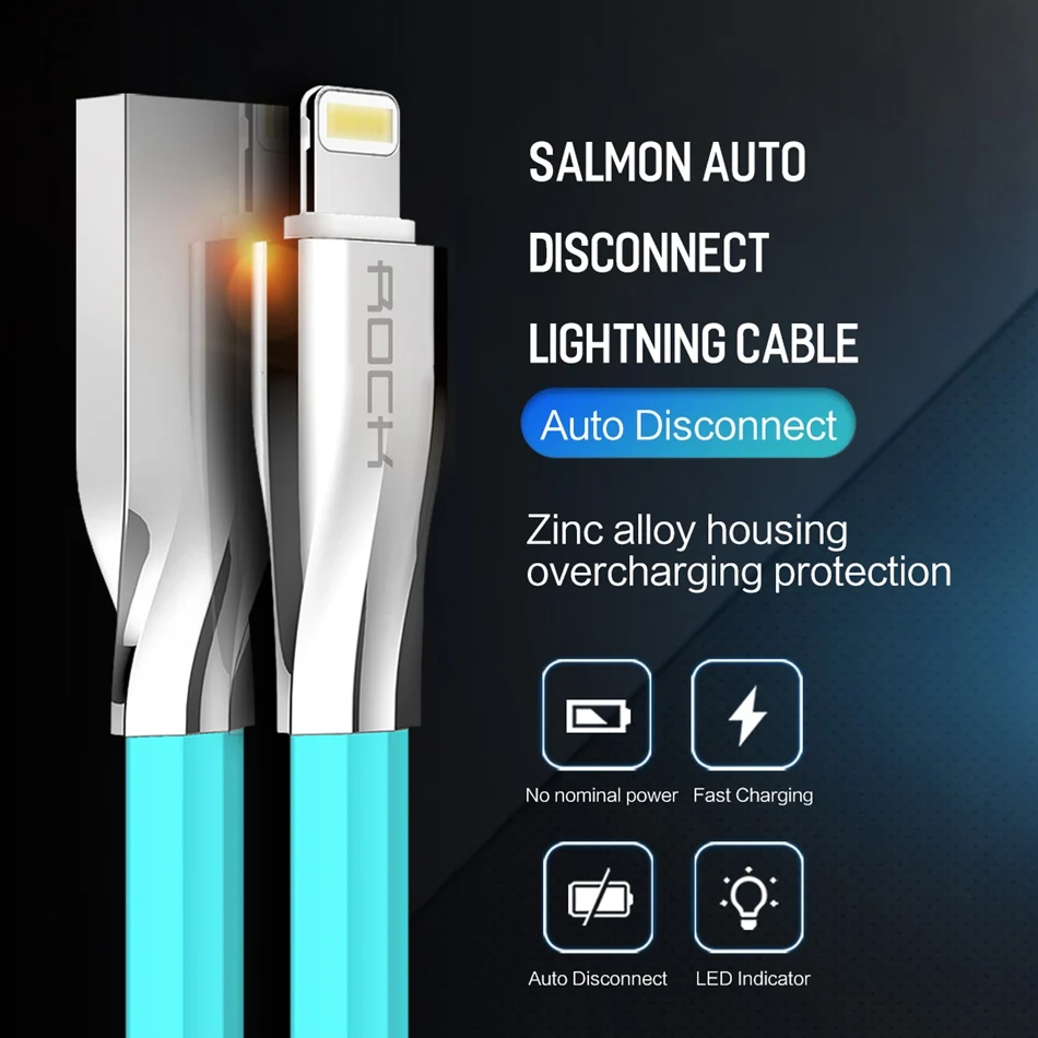 Usb-кабель с автоотключением для iPhone 6, ROCK 1 м, цинковый сплав 2,1 А, Макс., светодиодный кабель для быстрой зарядки, кабель для синхронизации iPhone X 7 8, usb-кабель
