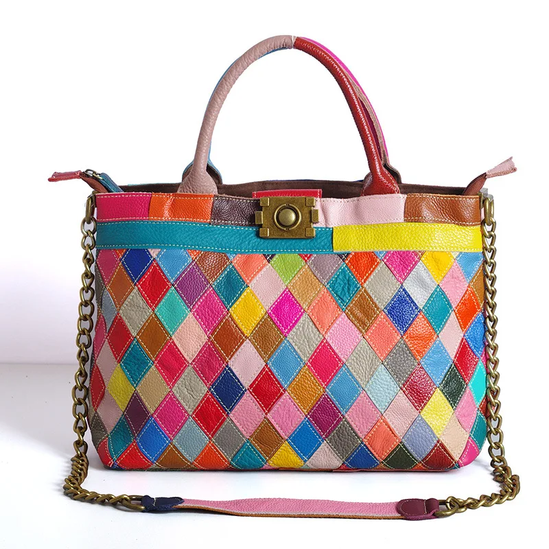 

598 New Fashion Multi-color Bump Color Genuine Leather Totes Leisure Ladies Top Layer Cowhide Handbags Women Shoulder Bags