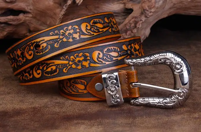 Pure cowhide Винтаж как для мужчин, так и для женщин панк Рок вырезка Роза geniune кожаный пояс цветок выгравированы ковбой булавки пряжка - Цвет: Picture color 3