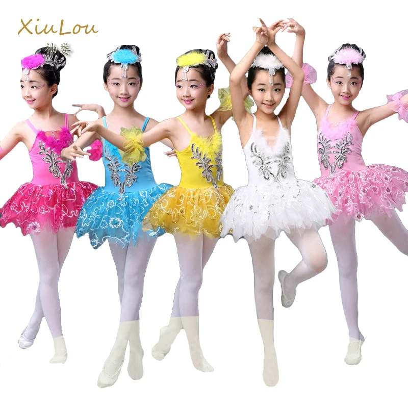 Балетное платье пачка для детей эластичное кружевное с лебедем и озером