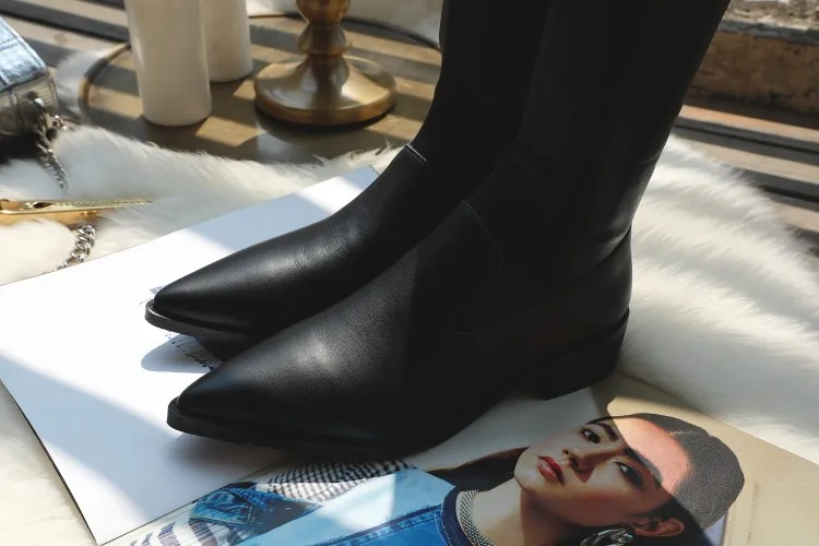 MLJUESE women over the knee boots cow leather slip on autumn spring low heel pointed toe boots high boots size 34-43