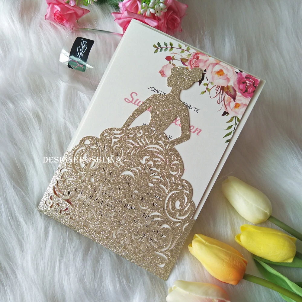 Шампанское Блеск Лазерная резка принцесса партии Приглашения девушки сладкий 15th