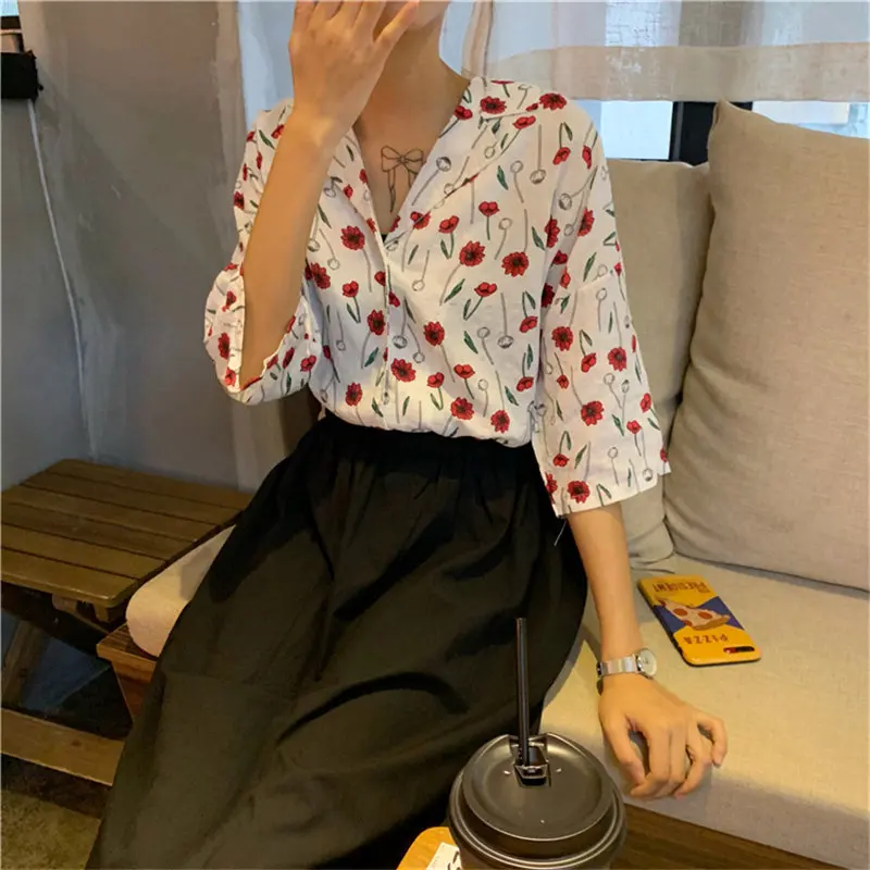 Alien Kitty 2019 Cute Summer Fresh Simple Print Floral Loose Korea Notched All-Match Sweet Casual Three Quarter Sleeves Shirt |