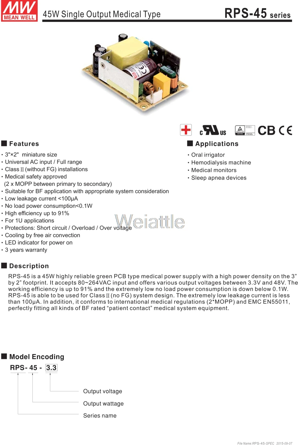 

MEAN WELL original RPS-45-3.3 3,3 V 8A meanwell RPS-45 3,3 V 26,4 W медицинский тип с одним выходом