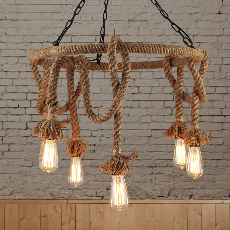 Loft Vintage Rural wheel Pendant Lights Hemp Rope Bamboo Iron Cage Hand Knitted Lighting Fixtures Restaurant Dining | Лампы и