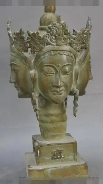 S5428 тибетская бронза четыре лица Kwan-Yin Bodhisattva Голова Статуя Будды печать штамп с
