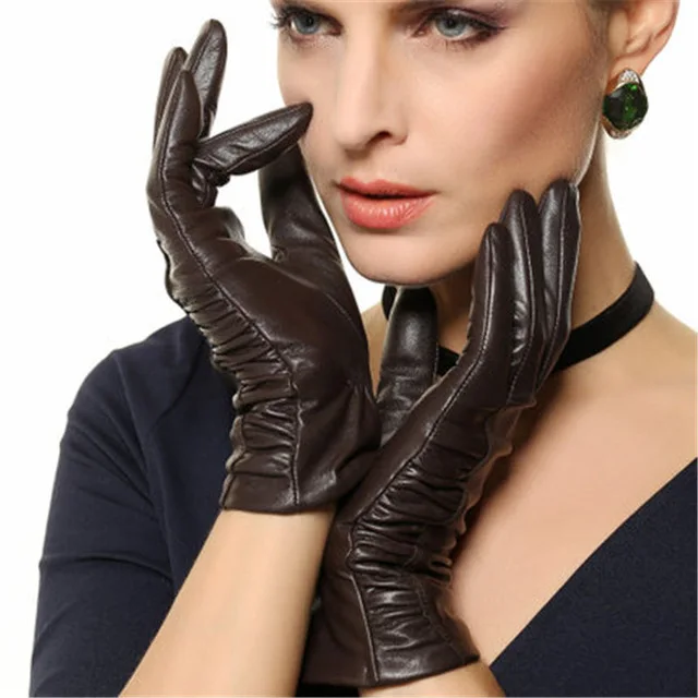 Dark brown Лидер продаж, женские перчатки из натуральной кожи, зимние лайковые перчатки на запястье для женщин, 3 цвета, овчина, теплые, L124NQ - Цвет: Dark brown