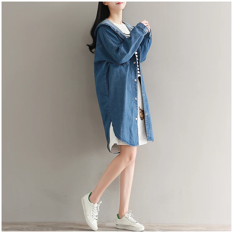 Элегантный свободный женский джинсовый тренчкот Весна 2018 длинный рукав с