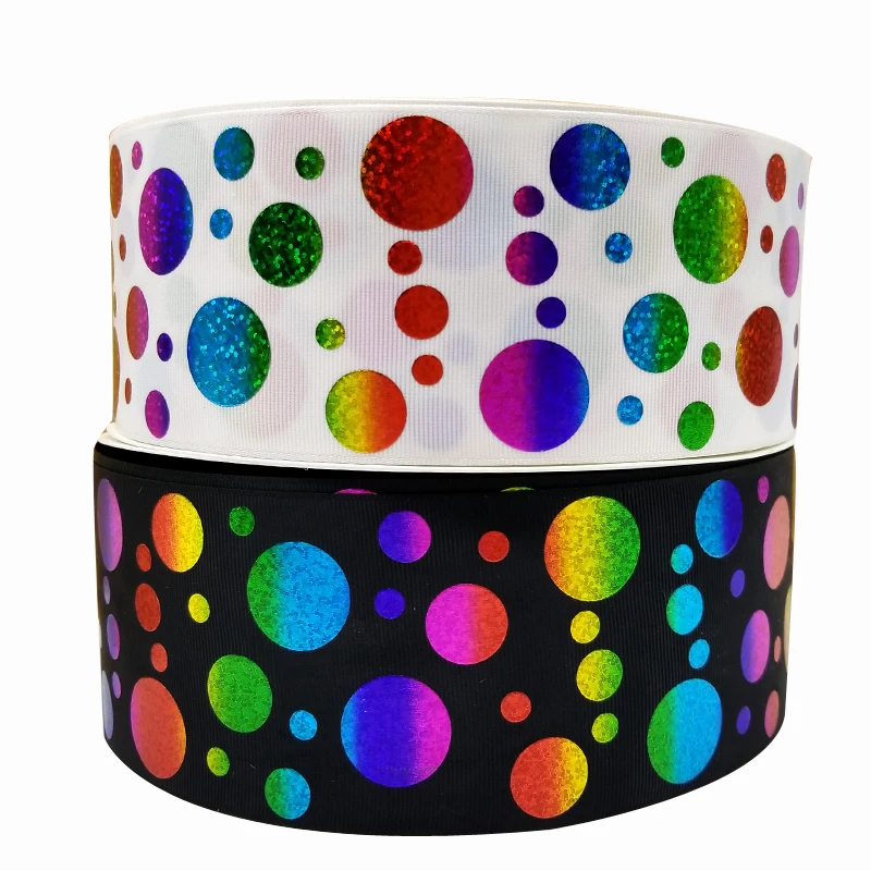 

Free shipping 50 yard 3 inch rainbow color dots hologram ribbon foil printed grosgrain ribbon