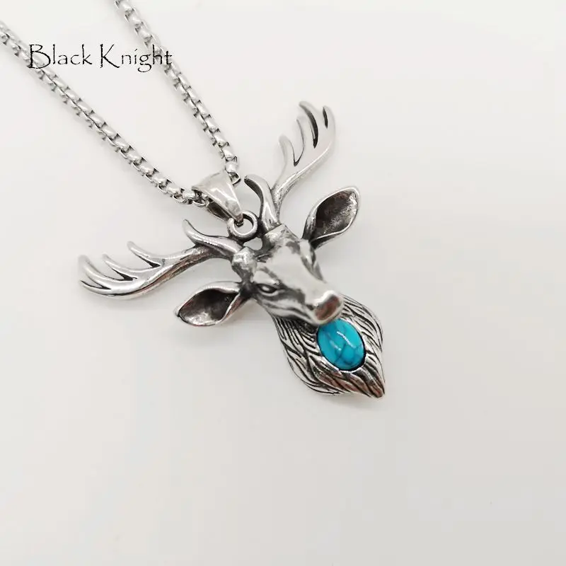 

Black Knight Stainless steel Blue stone Stag pendant necklace Vintage silver color Animal Deer necklace Nordic fashion BLKN0760