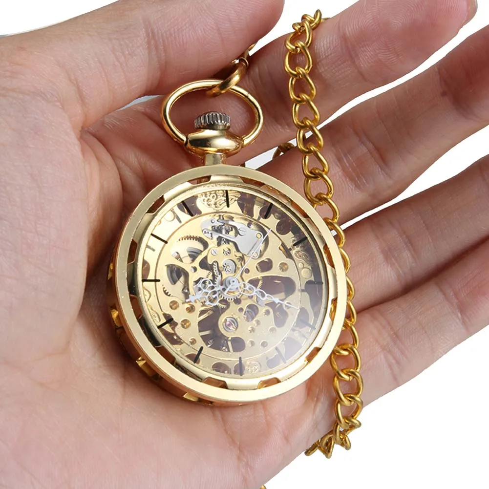 

1pc Men Women Pocket Watch Golden Transparent Case with Chain LL@17