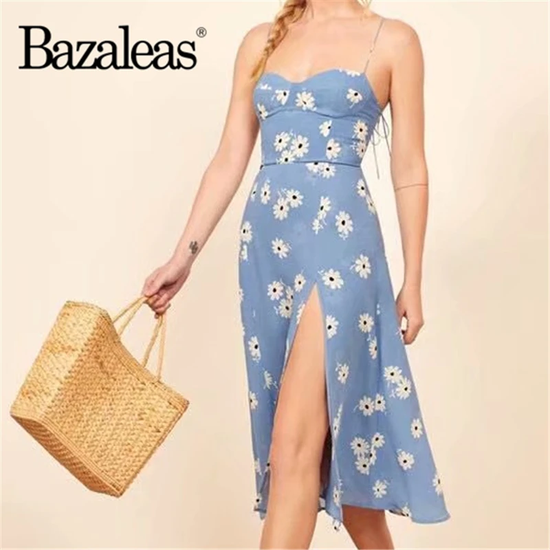 Bazaleas модное синее платье с цветочным принтом vestidos винтажное регулируемое платье миди на тонких бретелях летнее платье с разрезом от бедра Прямая поставка