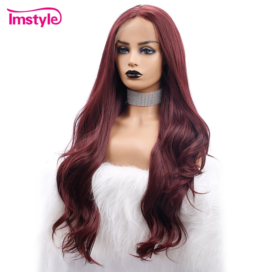 Imstyle Red Lace Front Wigs For Black Women Synthetic Wig Long Natural Wavy 99J Heat Resistant Fiber Cosplay | Шиньоны и
