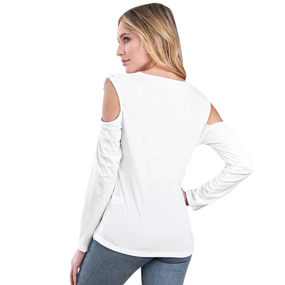 Сращены Кружевная футболка круглый вырез горловины Long Sleeve Cold Shoulder одноцветное