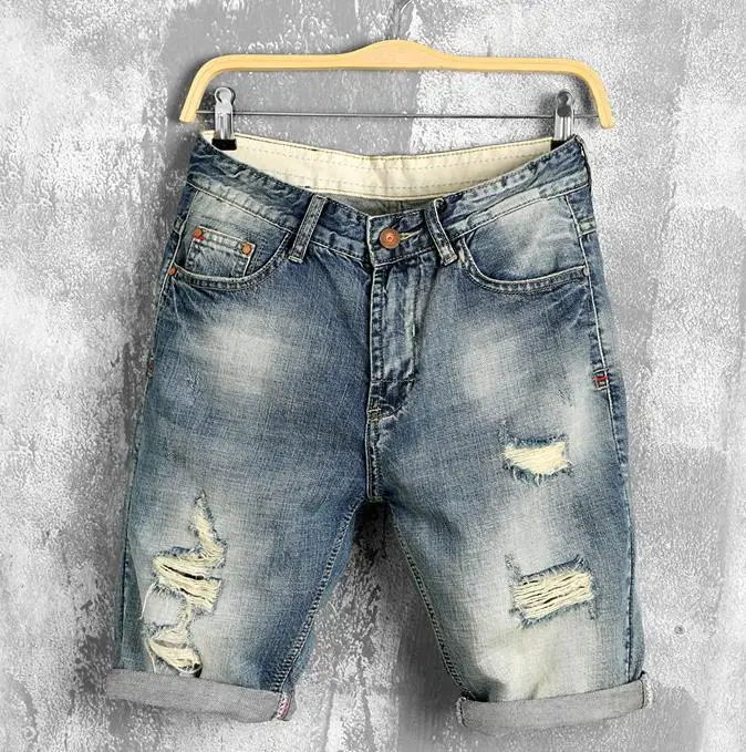 227 blue Summer New Men Leather stitching Ripped Straight Jeans Short Fashion Casual Holes Bermuda Retro Cargo Denim jogger shorts 38 40 - Цвет: 227 blue