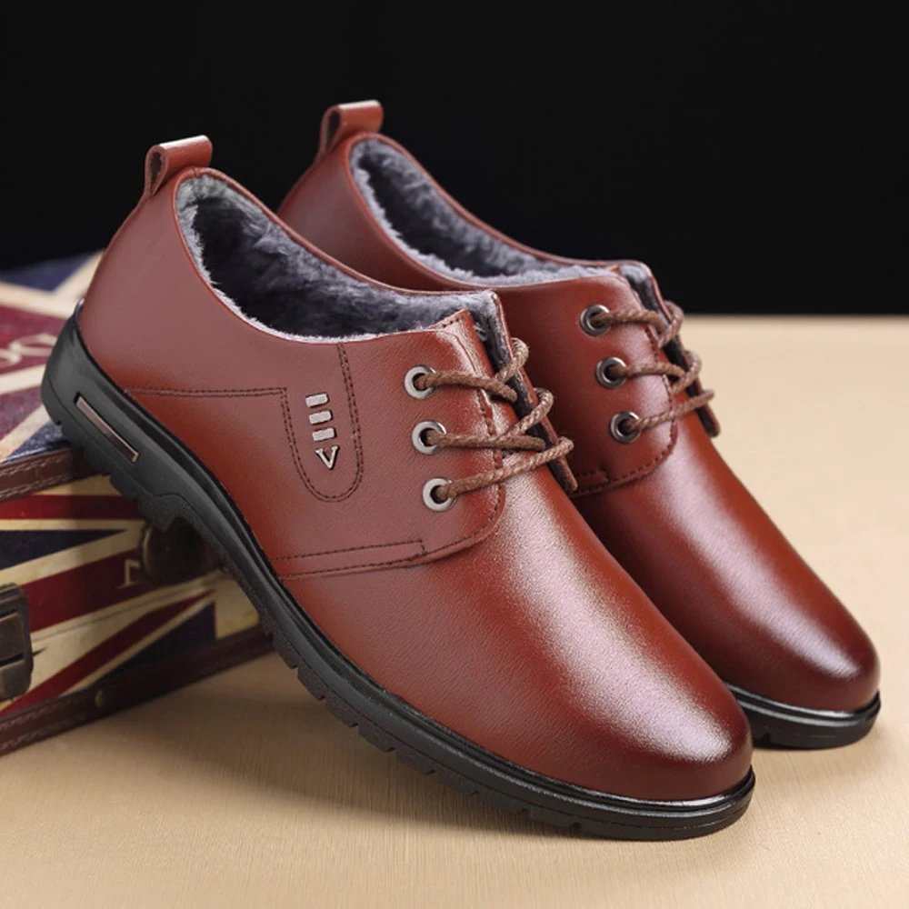 QFFAZ snow winter plush leather mens shoes casual men business dress Classic oxfords for male Wedding Shoes | Обувь