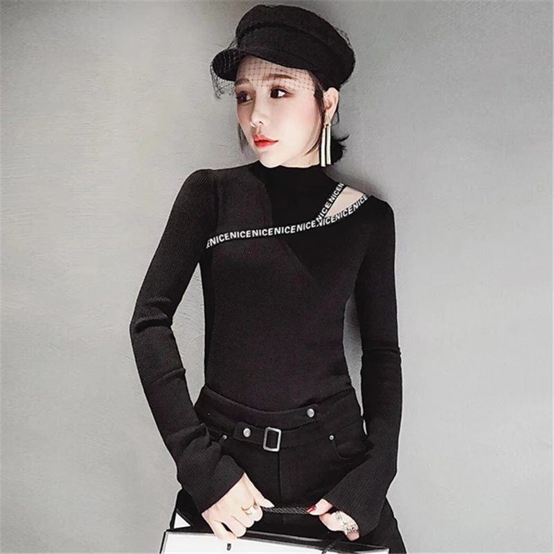 Harajuku Для женщин свитер вязаный Тонкий Vogue топы с длинными рукавами круглым