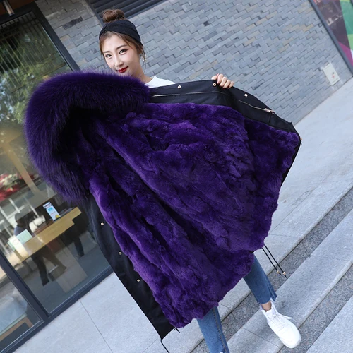 long purple Зимняя женская куртка из натурального меха, воротник из натурального меха енота, капюшон, подкладка из натурального кроличьего меха, Толстая теплая верхняя одежда, съемная - Цвет: long purple