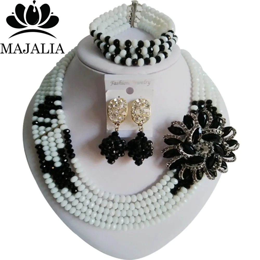 Модный нигерийский Свадебный комплект ювелирных изделий с африканскими бусинами ожерелье браслет серьги с белыми кристаллами Бесплатная ...