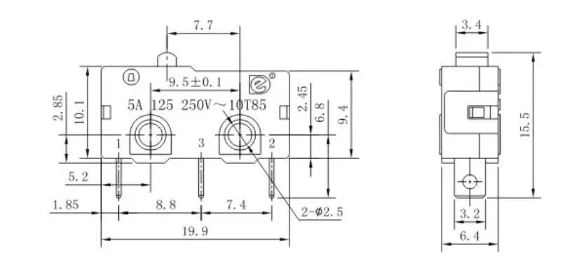 10 шт./лот, черный микропереключатель, KW4-Z1, SPDT, мини-переключатели без рычага, микро-концевой выключатель, 3 Pin, T85, припой, терминал 5A, 125VAC, 150GF