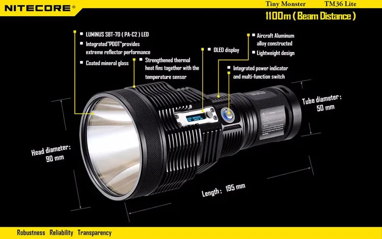 NITECORE TM36 Lite 1800 люмен SBT-70 светодиодный фонарик перезаряжаемый прожектор 1100 м дальность луча без 18650 батареи