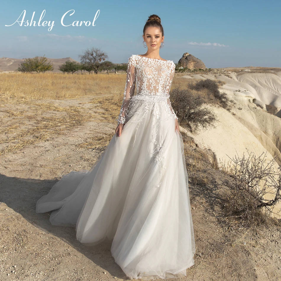 Ashley Carol Иллюзия лодочка шеи с длинным рукавом свадебное платье бисерные аппликации Пояса романтическое свободное платье Vestido De Novia