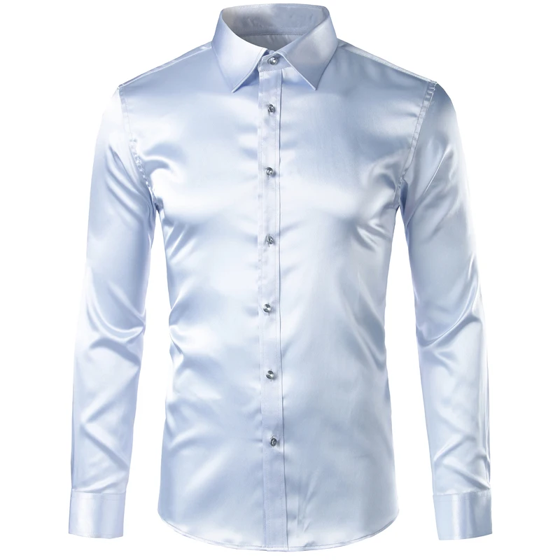 Трендовая шелковая атласная Мужская рубашка с длинным рукавом Chemise Homme модная мужская приталенная рубашка из искусственного шелка на пуговицах