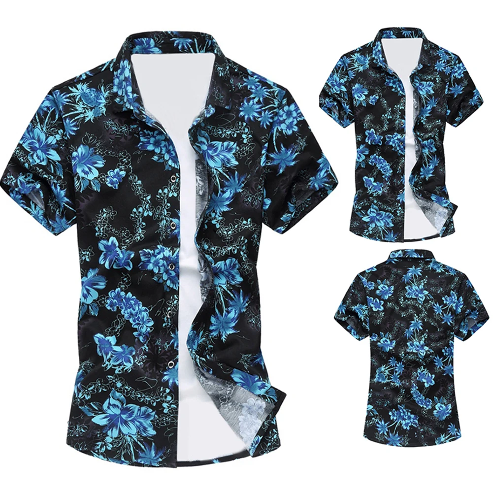Мужская Гавайская летняя рубашка с цветочным принтом коротким рукавом и