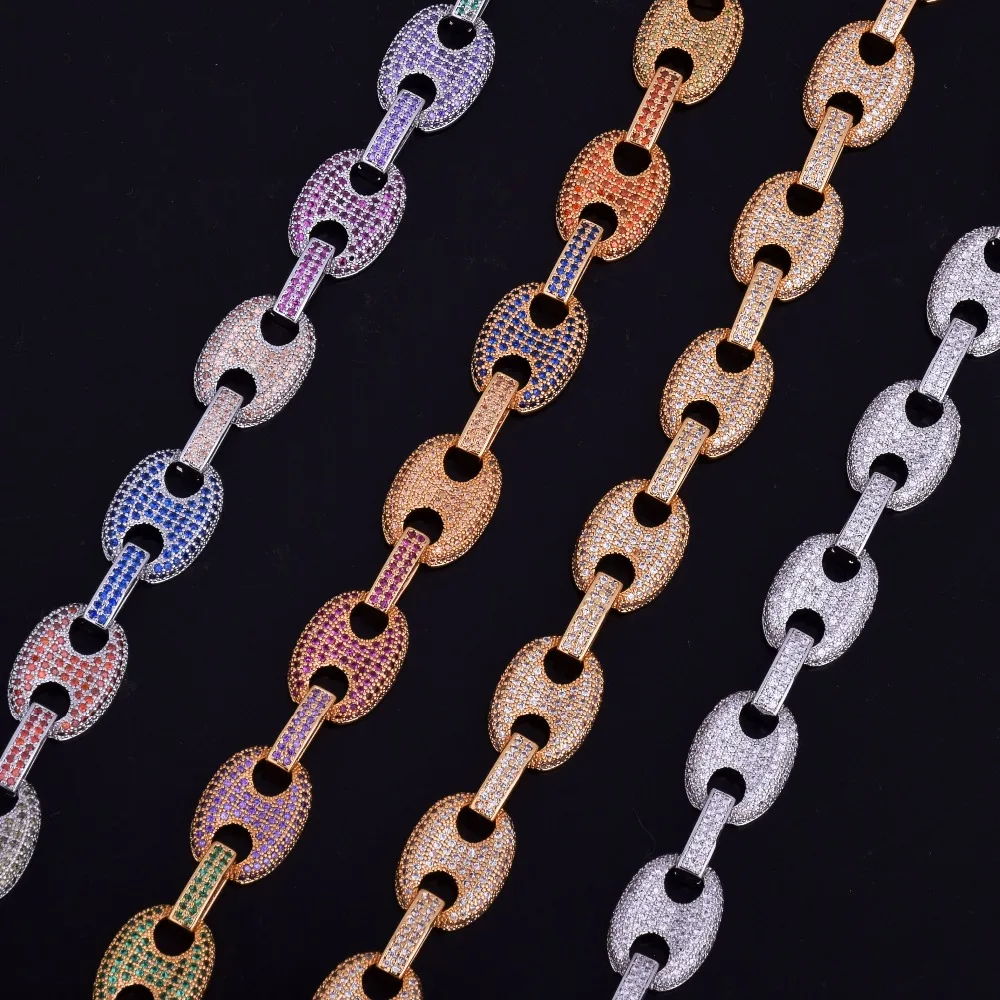 12MM Gold Men's Cuban Link Chain Bracelet Men's Hip hop Jewelry Copper Material Iced Cubic Zircon Chain Bracelet 8"