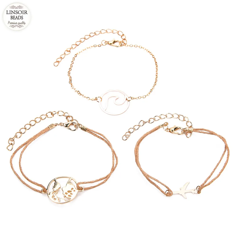 LINSOIR Модный золотой цвет Глобус самолет Набор браслетов с подвесками браслеты