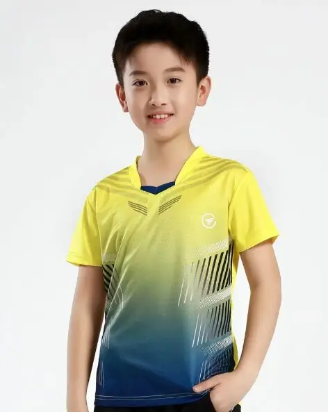 Kid Yellow Shirt Детская/Женская/Мужская теннисная рубашка, футболка для бадминтона, черные молодежные комплекты, настольные теннисные шорты, семейные универсальная мужская Спортивная футболка униформы - Цвет: Kid Yellow Shirt