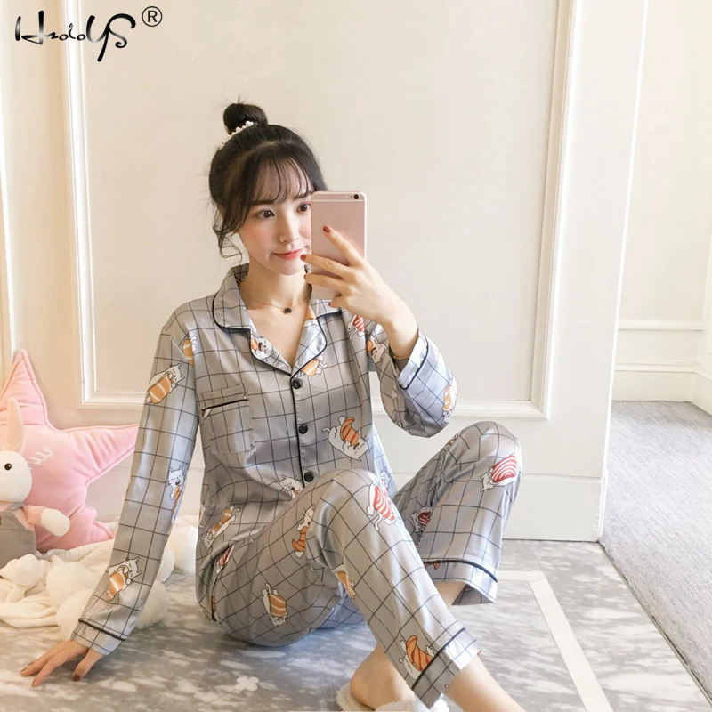 Lg Plaid cat Весенняя Удобная Пижама с шелковым принтом, милые пижамы для женщин, комплект для сна, ночная рубашка для девочек, длинные штаны, милые шелковые пижамные комплекты - Цвет: Lg Plaid cat