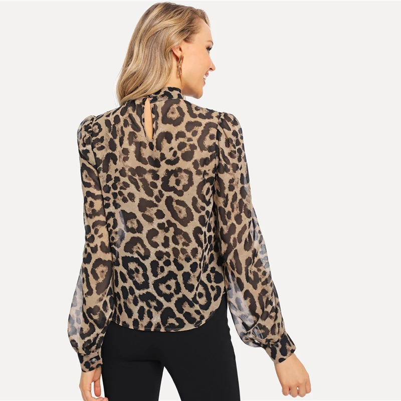 SHEIN многоцветная офисная женская блузка с воротником-чокер и леопардовым принтом, с вырезами, с длинным рукавом, осенняя рабочая одежда, модные женские топы и блузки