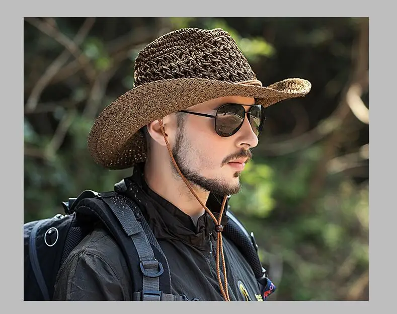 Outdoor Cowboy Hat Men's Summer Hand-made Cowboy Straw Cap Male Casual Fishing Climbing Sun Protection Breathable Hats H7260