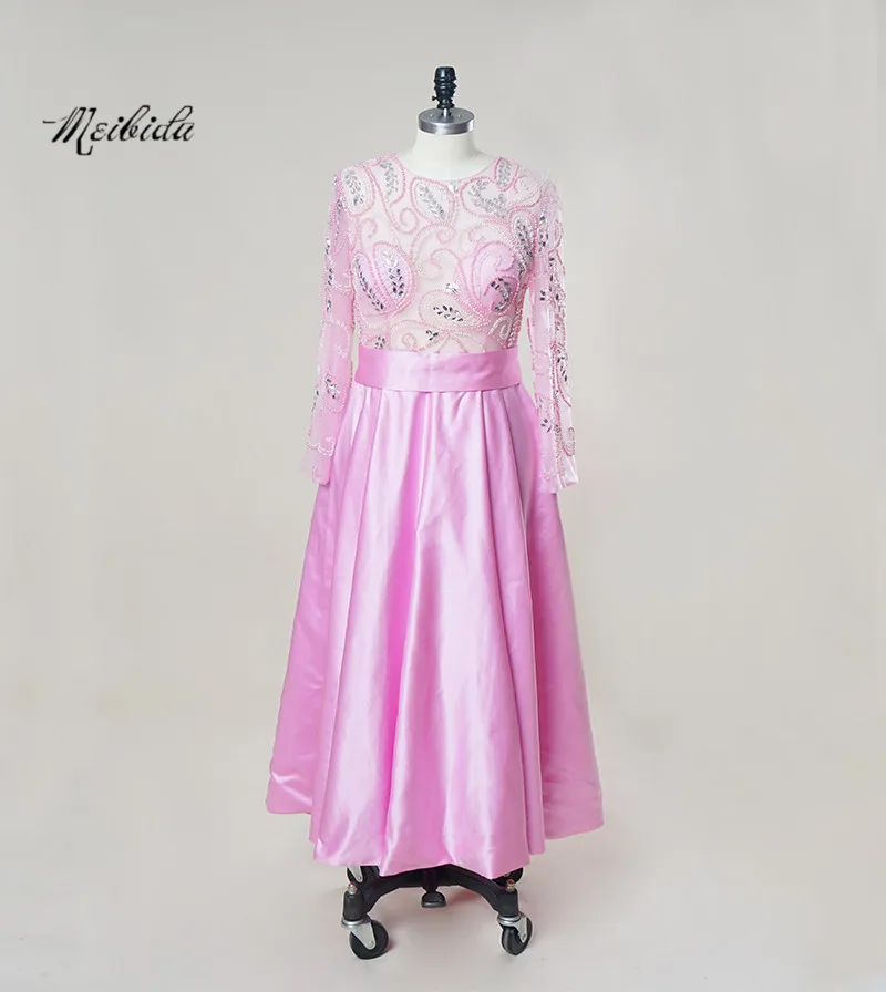 Видеть сквозь вечерние платья 2017 розовый цвет одежда с длинным рукавом бисером