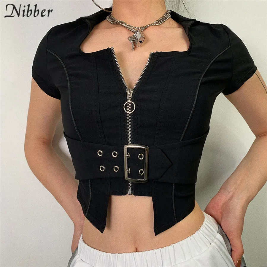 Nibber готичный панк стиль черные полые укороченные топы для женщин футболки Лето Новая мода высокая Уличная Повседневная Праздничная футболка mujer