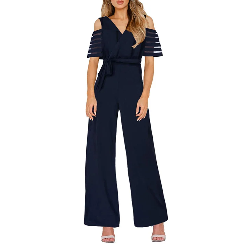 Женский Длинный комбинезон с широкими штанинами черный свободный однотонный на