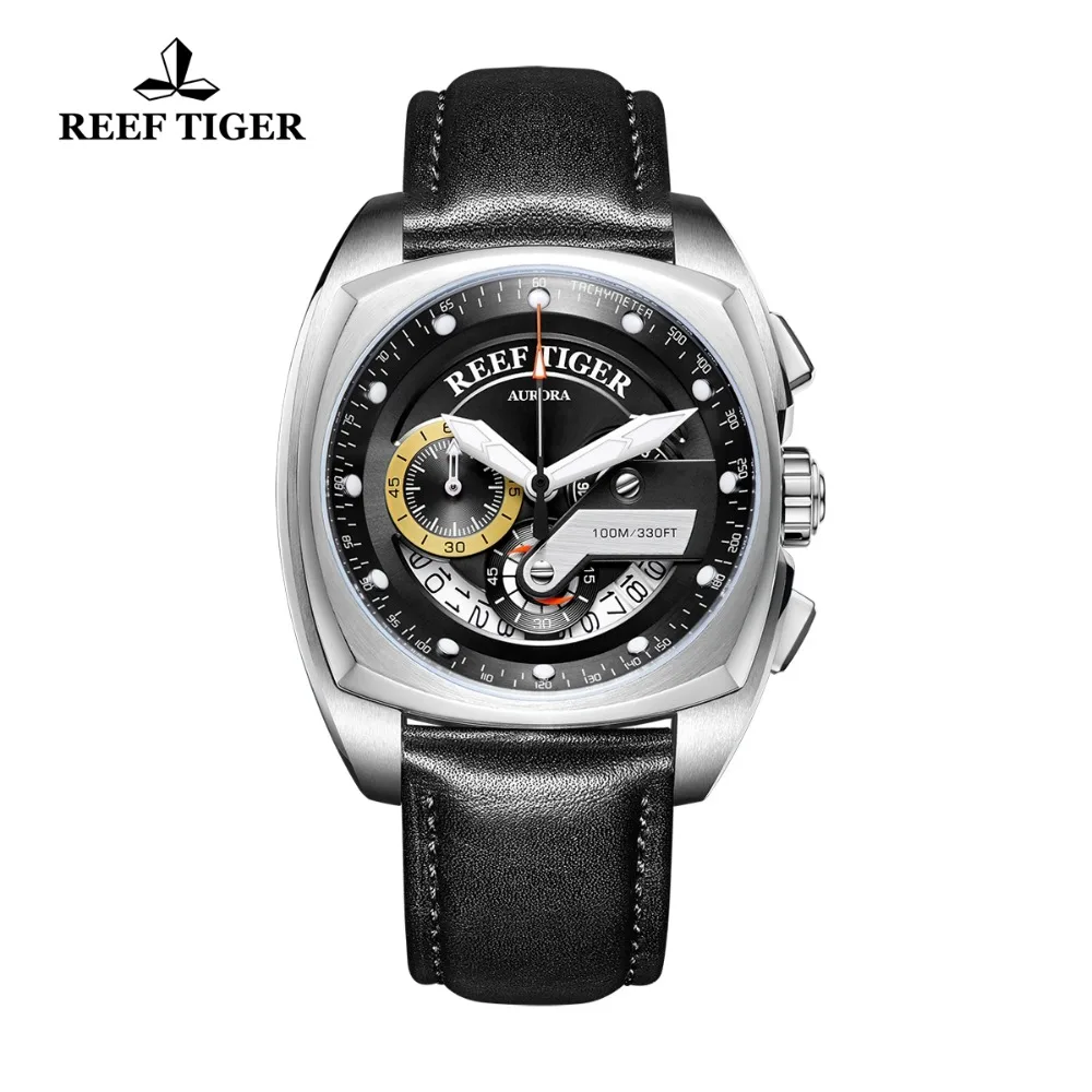 Reef Tiger/RT новые модные мужские часы квадратные спортивные часы кожаный ремешок стальные военные наручные часы Relogio Masculino RGA3363