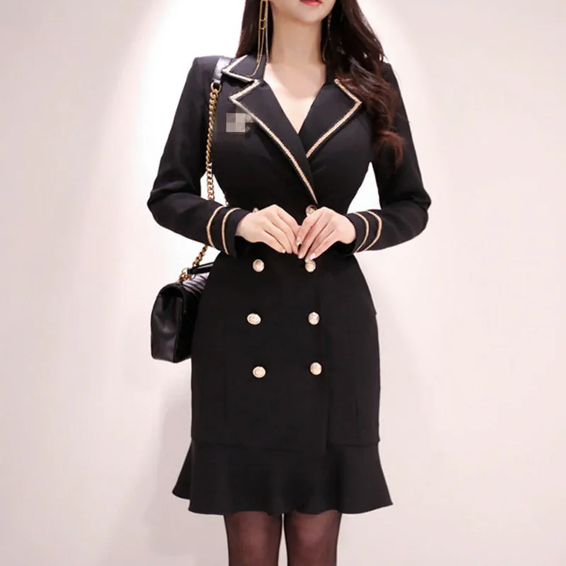 2019 Autumn Double-breasted Bodycon Blazer Dress Women Elegant Gold trim Ruffles Trumpet Dresses OL Formal Work Wear Business | Женская