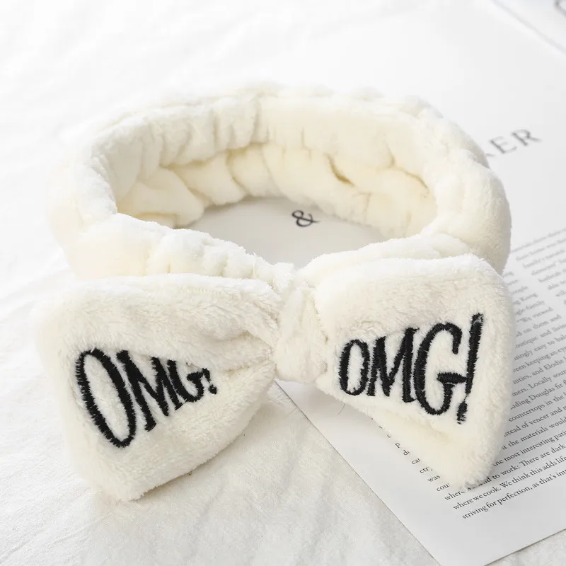 White Мягкий бантик из кораллового флиса с буквенным принтом OMG для женщин и девочек; милые повязки для волос; головные уборы; аксессуары для волос - Цвет: White