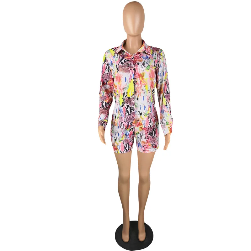Autumn Printed 2 Piece Outfits Casual Woman Long Sleeve Coat And High Elastic Waist Shorts Set | Женская одежда